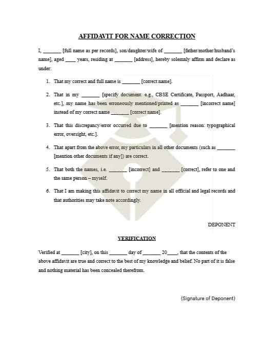 Download Name Correction Affidavit Format PDF