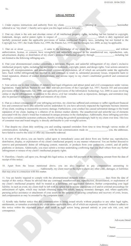Infringement Notice Template PDF