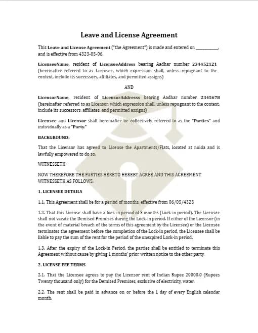 Download Leave & Lease Agreement Format PDF