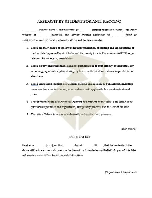 Anti Ragging Affidavit Format for Students