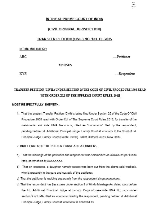 Transfer Petition Format