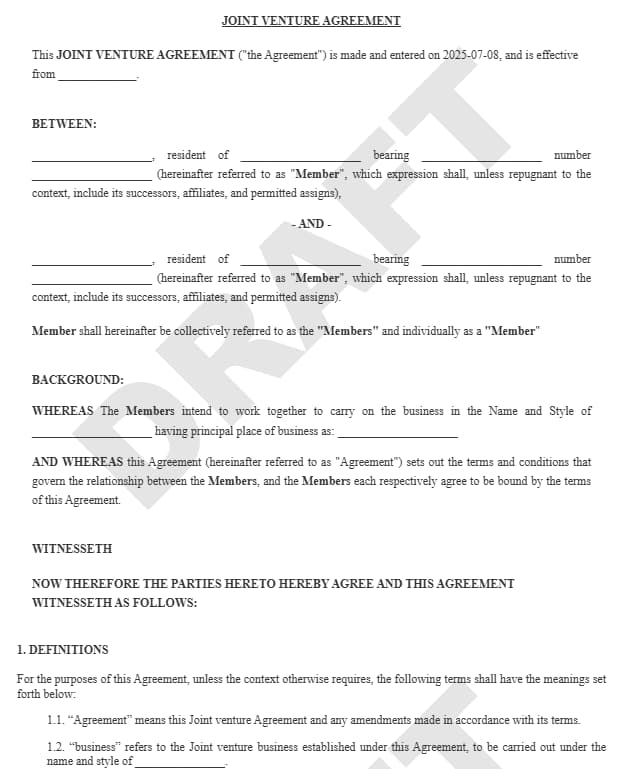 Joint Venture Agreement Template